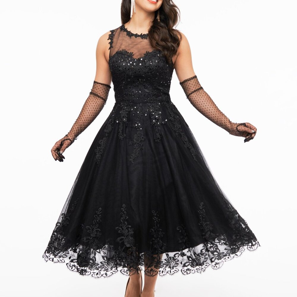 Unique Vintage 1950s Black Lace & Tulle Riviera Dress - L/10-12